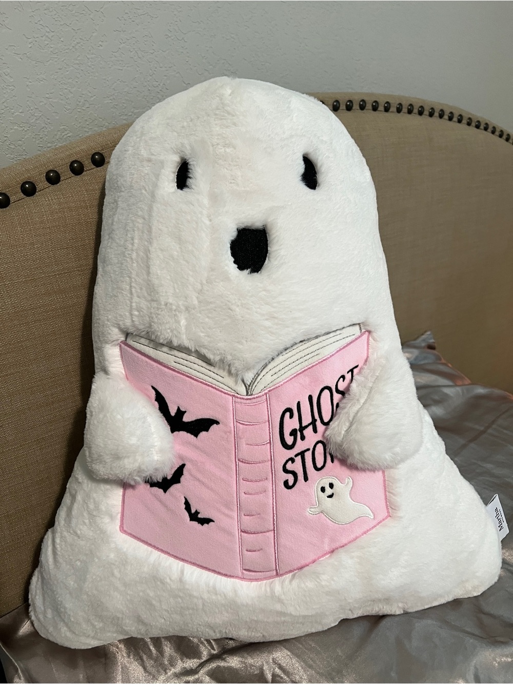White Ghost Plush pillow with Pink 'Ghost Stories' Book